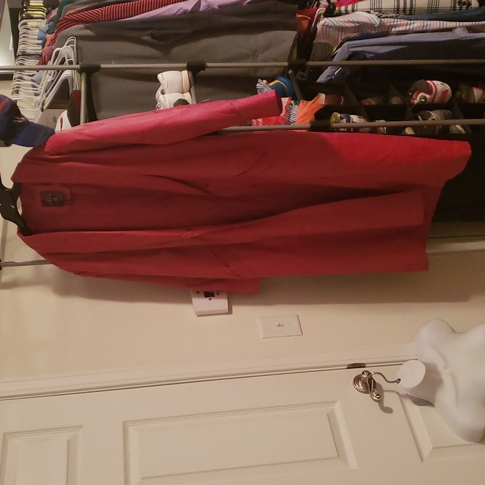 Full length red leather coat. Size L.